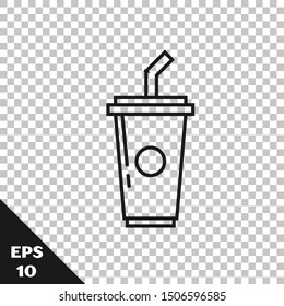 Black line Paper glass with drinking straw and water icon isolated on transparent background. Soda drink glass. Fresh cold beverage symbol.  Vector Illustration