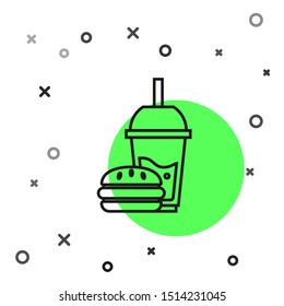 Black line Paper glass with drinking straw and burger icon isolated on white background. Soda aqua drink sign. Hamburger, cheeseburger sandwich.  Vector Illustration