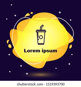 Black line Paper glass with drinking straw and water icon isolated on dark blue background. Soda drink glass. Fresh cold beverage symbol. Abstract banner with liquid shapes. Vector Illustration