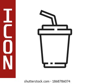 Black line Paper glass with drinking straw and water icon isolated on white background. Soda drink glass. Fresh cold beverage symbol.  Vector
