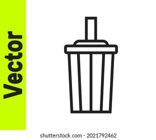 Black line Paper glass with drinking straw and water icon isolated on white background. Soda drink glass. Fresh cold beverage symbol.  Vector