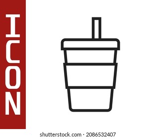 Black line Paper glass with drinking straw and water icon isolated on white background. Soda drink glass. Fresh cold beverage symbol.  Vector