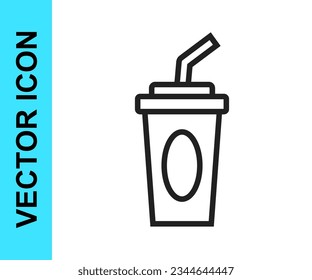 Black line Paper glass with drinking straw and water icon isolated on white background. Soda drink glass. Fresh cold beverage symbol.  Vector