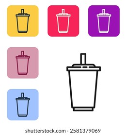 Black line Paper glass with drinking straw and water icon isolated on white background. Soda drink glass. Fresh cold beverage symbol. Set icons in color square buttons. Vector Illustration