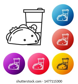 Black line Paper glass and taco with tortilla icon isolated on white background. Soda aqua drink sign. Hamburger, burger, cheeseburger sandwich. Set icons colorful circle buttons. Vector Illustration