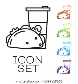 Black line Paper glass and taco with tortilla icon isolated on white background. Soda aqua drink sign. Hamburger, burger, cheeseburger sandwich. Set icons colorful. Vector Illustration