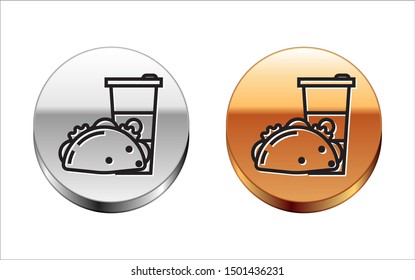 Black line Paper glass and taco with tortilla icon isolated on white background. Soda aqua drink sign. Hamburger, burger, cheeseburger sandwich. Silver-gold circle button. Vector Illustration