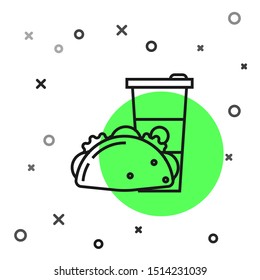 Black line Paper glass and taco with tortilla icon isolated on white background. Soda aqua drink sign. Hamburger, burger, cheeseburger sandwich.  Vector Illustration