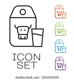 Black line Paper package for milk and glass icon isolated on white background. Milk packet sign. Set icons colorful. Vector