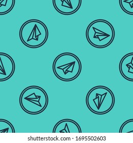 Icono de plano de papel de línea negra aislado patrón transparente en fondo verde. Icono de avión de papel. Signo de avión. Ilustración vectorial