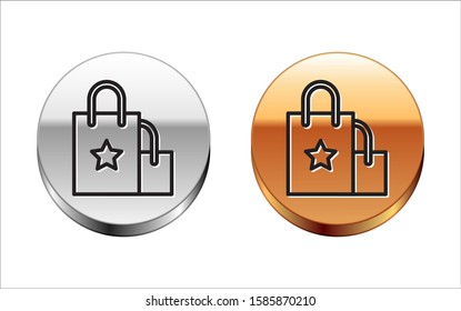 Black line Paper shopping bag icon isolated on white background. Package sign. Silver-gold circle button. Vector Illustration