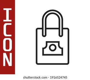 Black line Paper shopping bag with spray can nozzle cap icon isolated on white background.  Vector