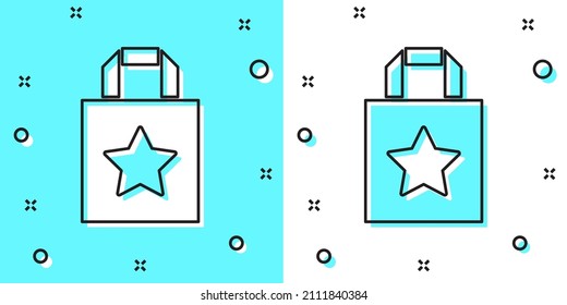 Black line Paper shopping bag icon isolated on green and white background. Package sign. Random dynamic shapes. Vector Illustration