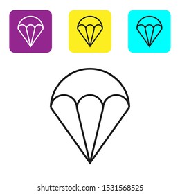 Black line Parachute icon isolated on white background. Extreme sport. Sport equipment. Set icons colorful square buttons. Vector Illustration