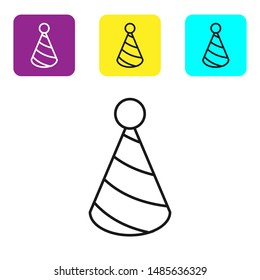 Black line Party hat icon isolated on white background. Birthday hat. Set icons colorful square buttons. Vector Illustration