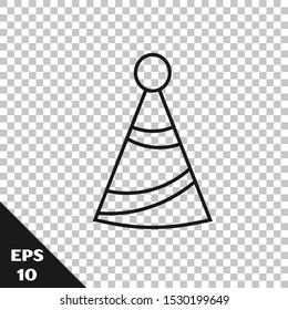Black line Party hat icon isolated on transparent background. Birthday hat.  Vector Illustration