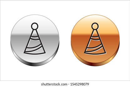 Black line Party hat icon isolated on white background. Birthday hat. Silver-gold circle button. Vector Illustration