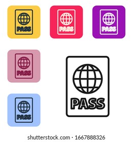 Black line Passport with biometric data icon isolated on white background. Identification Document. Set icons in color square buttons. Vector Illustration