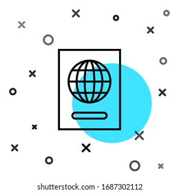 Pasaporte de línea negra con icono de datos biométricos aislado en fondo blanco. Documento de identificación. Formas dinámicas aleatorias. Ilustración vectorial