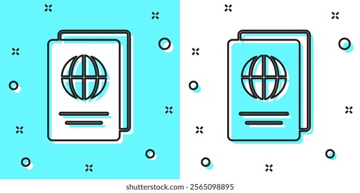 Black line Passport with biometric data icon isolated on green and white background. Identification document. Random dynamic shapes. Vector