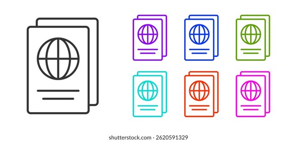 Black line Passport with biometric data icon isolated on white background. Identification document. Set icons colorful. Vector