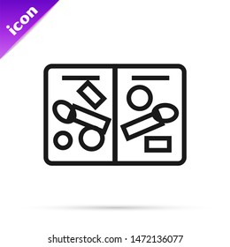 Black line Passport pages with visa stamps icon isolated on white background. Opened foreign passport with custom visa stamps. Travel concept.  Vector Illustration