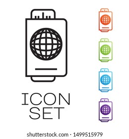 Black line Passport with ticket icon isolated on white background. Identification Document. Concept travel and tourism. Set icons colorful. Vector Illustration