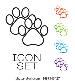 Black line Paw print icon isolated on white background. Dog or cat paw print. Animal track. Set icons colorful. Vector Illustration