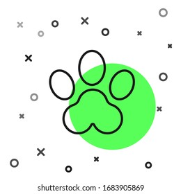 Black line Paw print icon isolated on white background. Dog or cat paw print. Animal track.  Vector Illustration