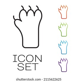 Black line Paw print icon isolated on white background. Dog or cat paw print. Animal track. Set icons colorful. Vector