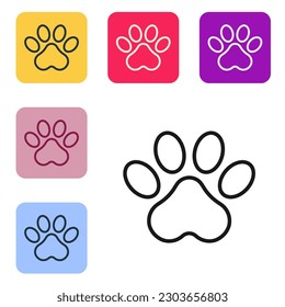 Black line Paw print icon isolated on white background. Dog or cat paw print. Animal track. Set icons in color square buttons. Vector