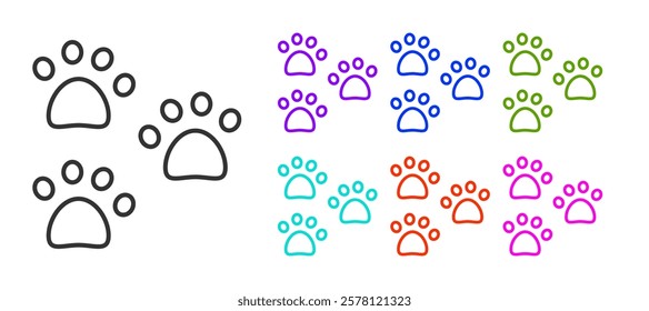 Black line Paw print icon isolated on white background. Dog or cat paw print. Animal track. Set icons colorful. Vector