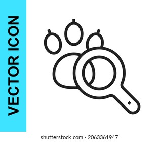 Black line Paw search icon isolated on white background. Magnifying glass with animal footprints.  Vector