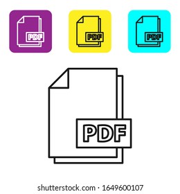 Black line PDF file document. Download pdf button icon isolated on white background. PDF file symbol. Set icons colorful square buttons. Vector Illustration