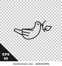 Black line Peace dove with olive branch icon isolated on transparent background. Happy Easter.  Vector Illustration