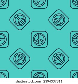 Black line Peace icon isolated seamless pattern on green background. Hippie symbol of peace.  Vector