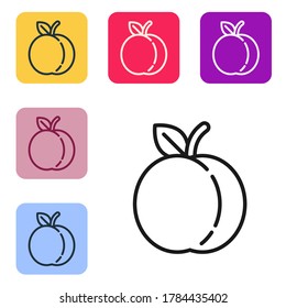 Black line Peach fruit or nectarine with leaf icon isolated on white background. Set icons in color square buttons. Vector Illustration