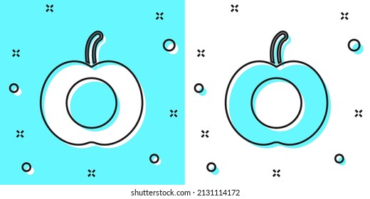 Línea negra Fruto o nectarina con icono de hoja aislado en fondo verde y blanco. Formas dinámicas aleatorias. Vector