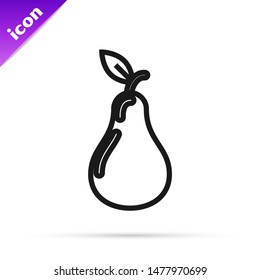 Black line Pear icon isolated on white background. Fruit with leaf symbol.  Vector Illustration