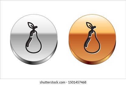 Black line Pear icon isolated on white background. Fruit with leaf symbol. Silver-gold circle button. Vector Illustration