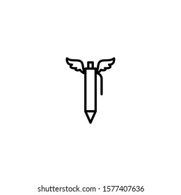 Black line pen with wings. Flat icon isolated on white. Vector illustration with pencil. Creativity sign. Creative idea symbol. Wright a message sign. Correct. 