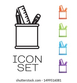 Black line Pencil case stationery icon isolated on white background. Pencil, pen, ruler in a glass for office. Set icons colorful. Vector Illustration