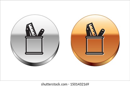 Black line Pencil case stationery icon isolated on white background. Pencil, pen, ruler in a glass for office. Silver-gold circle button. Vector Illustration