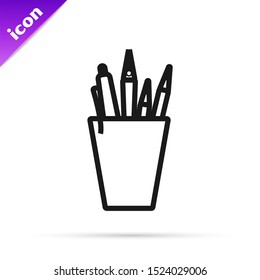 Black line Pencil case stationery icon isolated on white background. Pencil, pen, ruler in a glass for office.  Vector Illustration