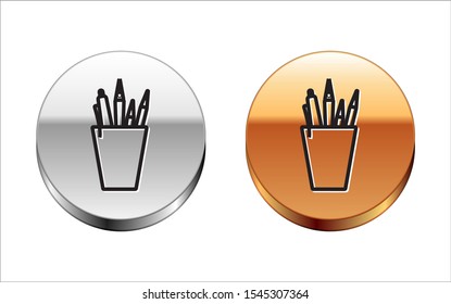 Black line Pencil case stationery icon isolated on white background. Pencil, pen, ruler in a glass for office. Silver-gold circle button. Vector Illustration