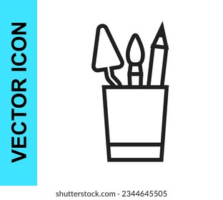 Black line Pencil case stationery icon isolated on white background. Pencil, pen, ruler in a glass for office.  Vector