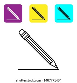 Black line Pencil with eraser and line icon isolated on white background. Education sign. Drawing and educational tools. School office symbol. Set icons colorful square buttons. Vector Illustration