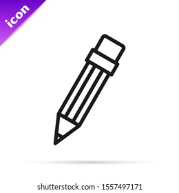Black line Pencil with eraser icon isolated on white background. Drawing and educational tools. School office symbol.  Vector Illustration