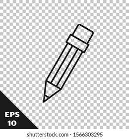 Black line Pencil with eraser icon isolated on transparent background. Drawing and educational tools. School office symbol.  Vector Illustration