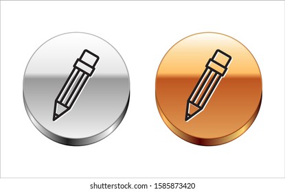 Black line Pencil with eraser icon isolated on white background. Drawing and educational tools. School office symbol. Silver-gold circle button. Vector Illustration